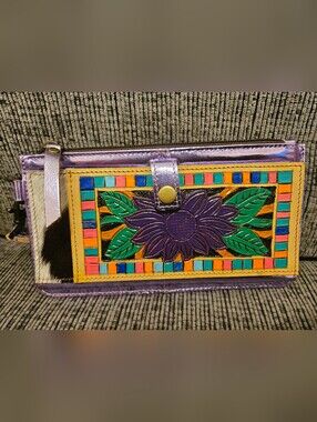 Purple Floral Embossed Leather Wallet | Purple Wristlet